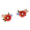 Enamel Glazed Pink Flower Green Leaf Peony Stud Earrings Zircon Gold Plated 925 Silver Needle