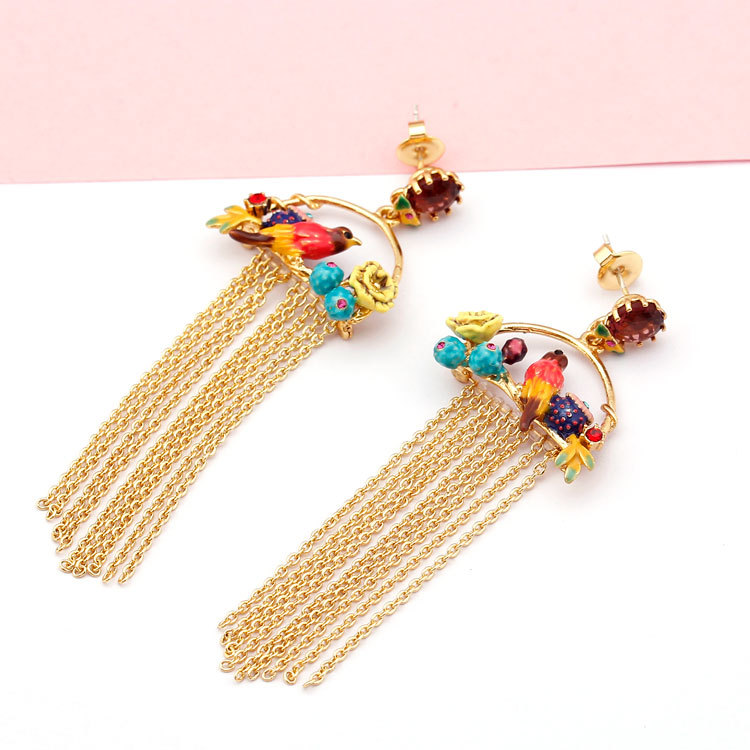 Bird Flower Long Tassel Enamel Earrings Jewelry Stud Clip Earrings