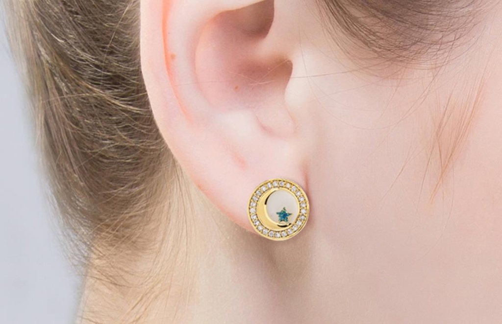 Enamel Glazed Sun Moon Star Asymmetric Zircon Crystal Stud Earrings