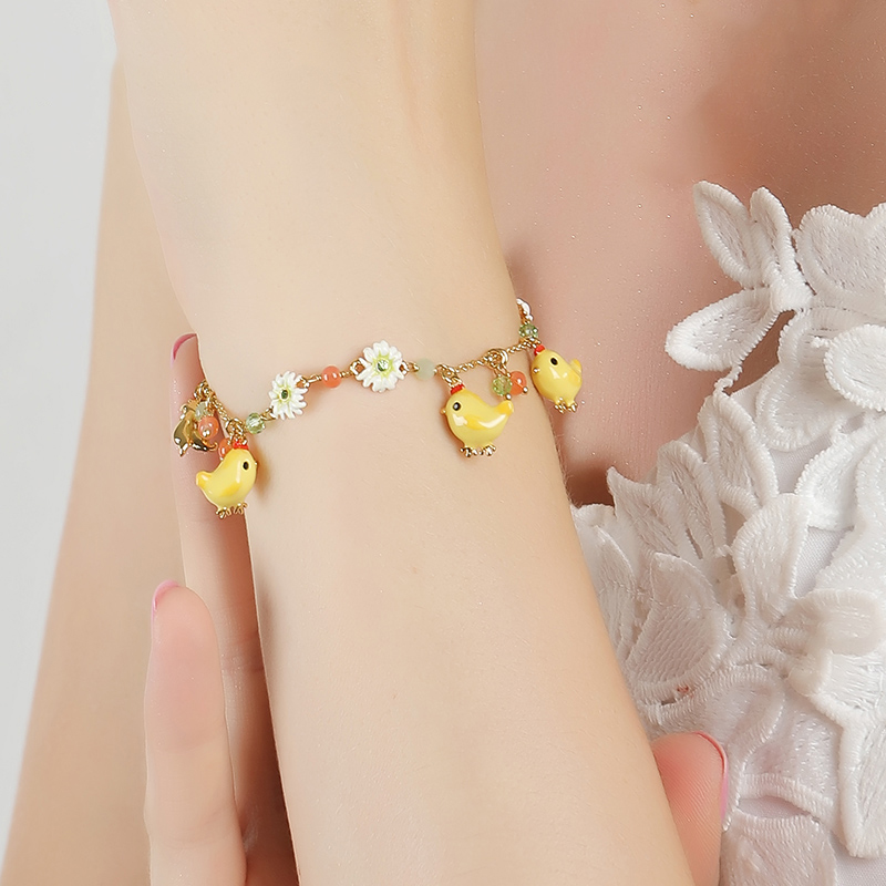 Chicken And Daisy Flowers Enamel Thin Bracelet