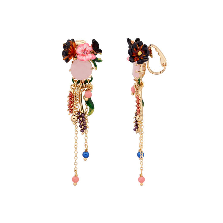 Flower Pink Gem Crystal Enamel Earrings Jewelry Stud Clip Earrings