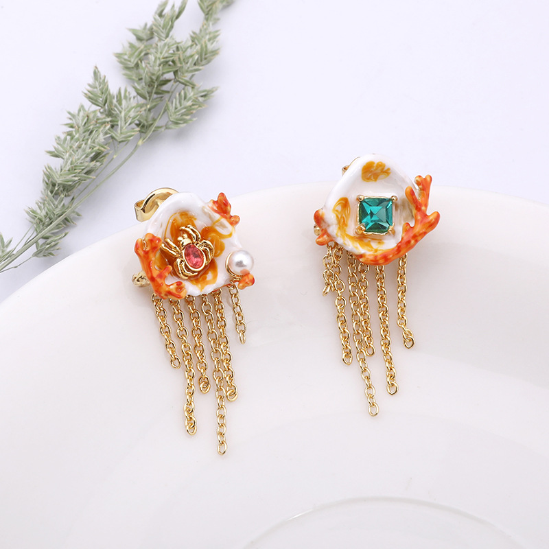 Flower Tassel Enamel Earrings Jewelry Stud Earrings