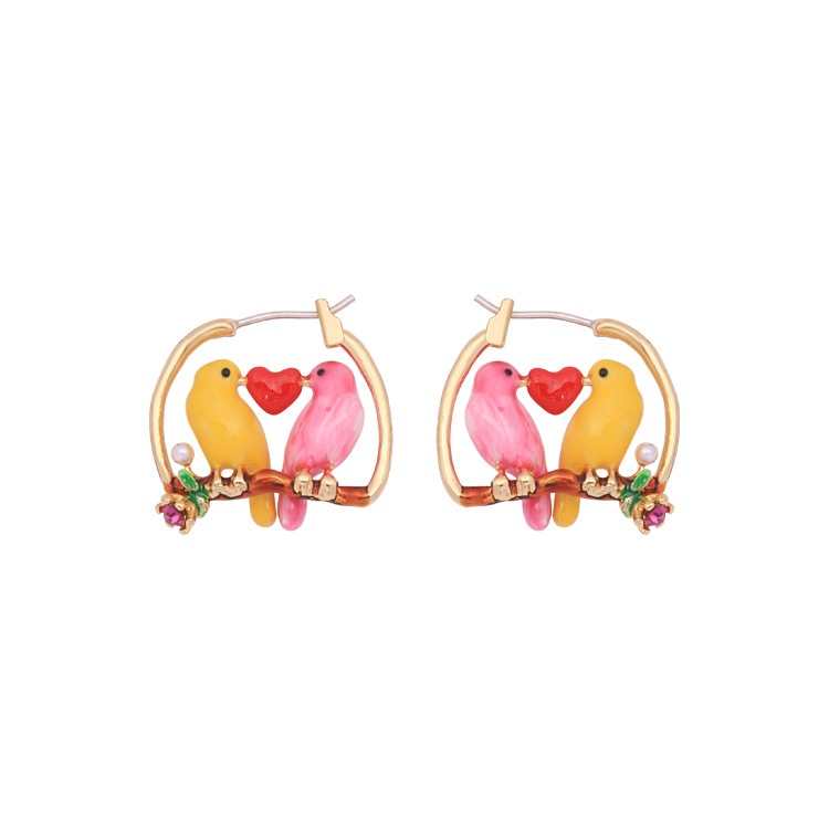 Pink Yellow Small Bird Heart 925 Silver Enamel Earrings Jewelry Hook Earrings