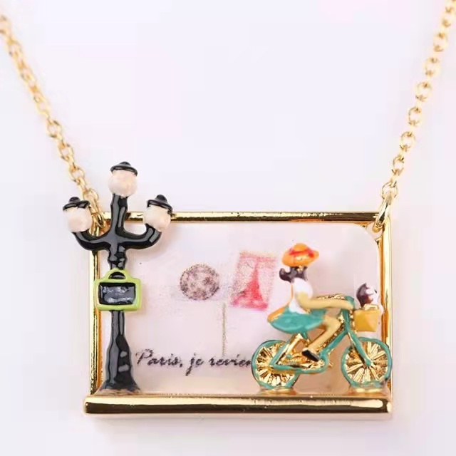 Paris Love Girl On Bike Enamel Necklace