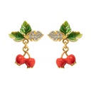 Red Fruit Hawthorn And Green Leaf With Crystal Enamel Stud Dangle Earrings Jewelry Gift