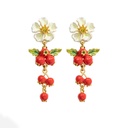 Red Fruit Hawthorn Tassel And White Flower Enamel Stud Earrings Jewelry Gift