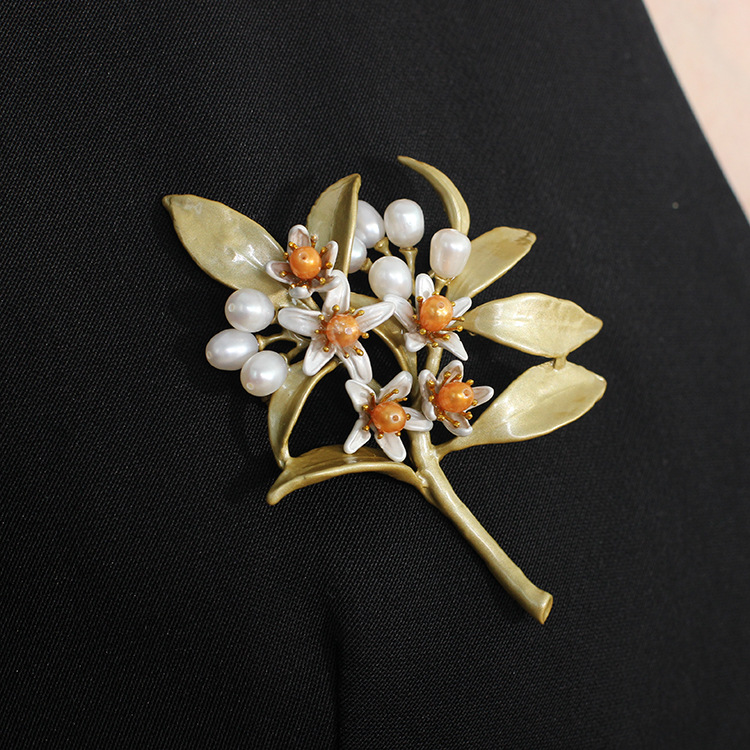 Orange Flower Leaf Branch Pearl Enamel Brooch