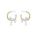 White Cat Kitty Kitten With Pearl Enamel C Shape Earrings