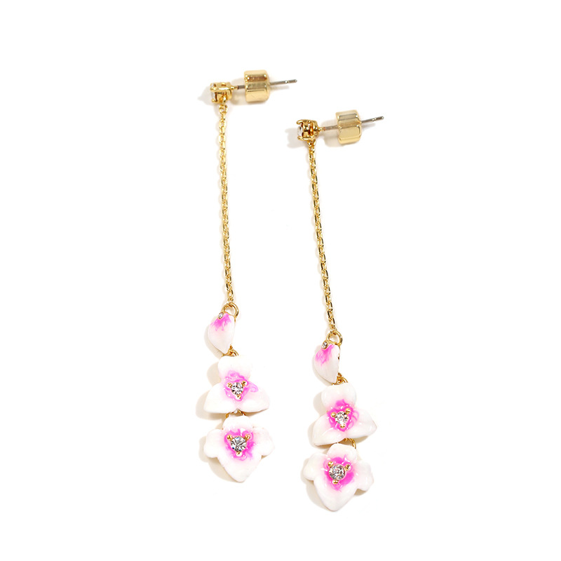 Butterfly Orchid Flower Blossom Enamel Chain Dangle Earrings