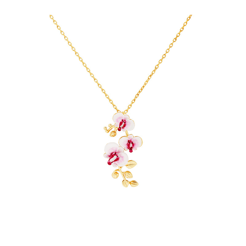 Butterfly Orchid Flower Blossom Enamel Pendant Necklace