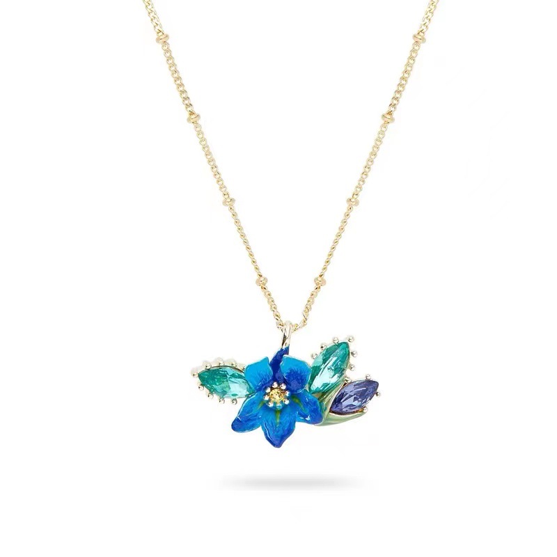 Blue Irises Flower And Crystal Enamel Pendant Necklace