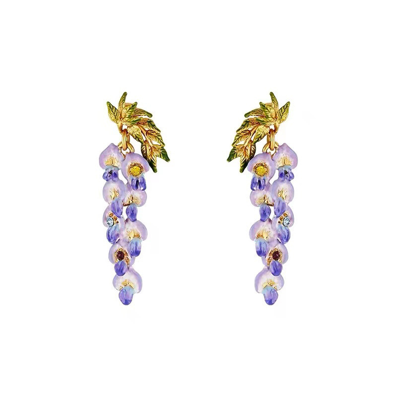 Purple Flower Blosssom Wisteria Enamel Dangle Earrings