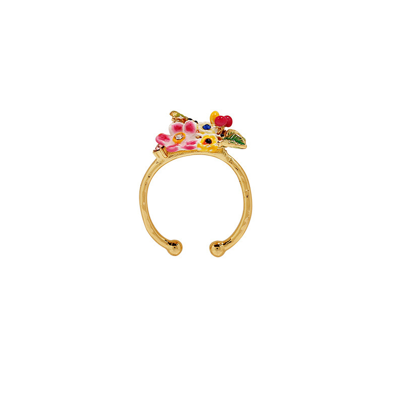 Flower Basket Enamel Adjustable Ring