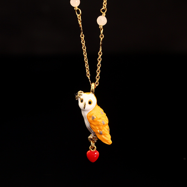 Enamel Snow Owl Crystal Glaze Red Heart Owl Necklace Clavicle Chain