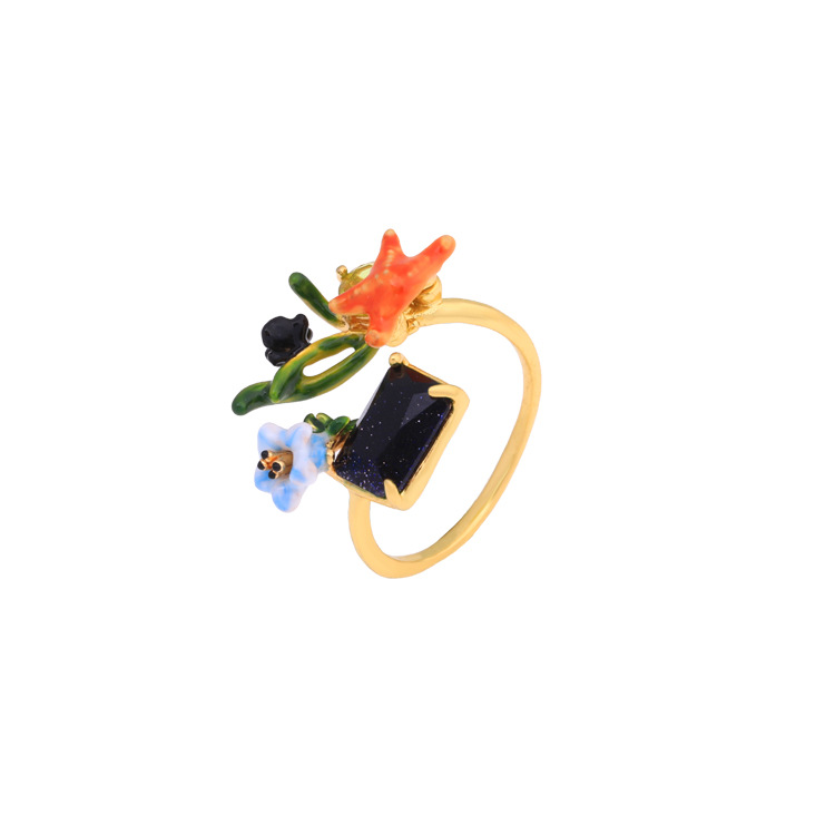 Orange Starfish Flower And Stone Enamel Adjustable Ring