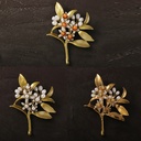 Orange Flower Leaf Branch Pearl Enamel Brooch