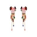 Pink Flower and Stone Tassel Enamel Earrings