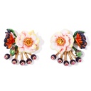 Pink Peony Apricot Flower Butterfly And Crystal Enamel Stud Earrings Jewelry Gift